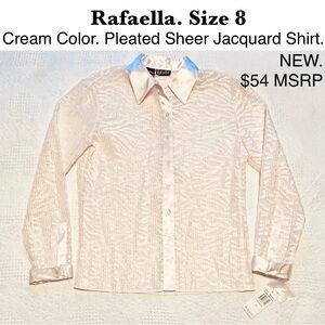 Cream Sheer Jacquard Pleated Shirt Button Down Blouse Top